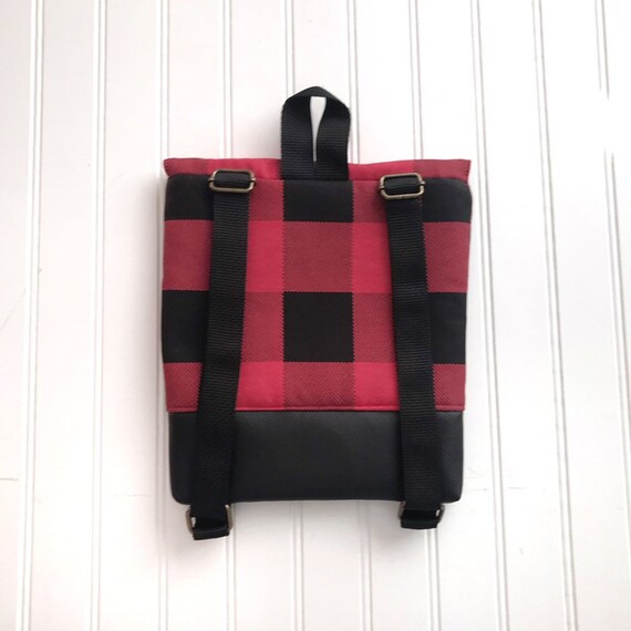 buffalo plaid mini backpack Red Buffalo Plaid Toddler Backpack: Vegan Leather Bottom