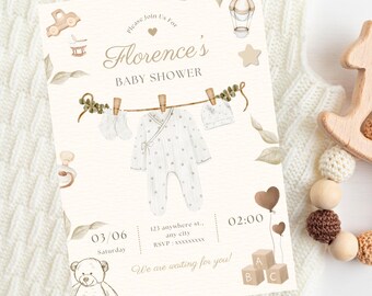 Editable Beige Neutral Baby Shower Invitation