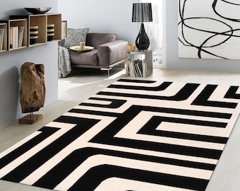 Hand Tufted Wool Area Rug: Modern Black and White Geometric Carpet 8x10