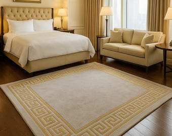 Handgetufteter Wollteppich - Beige & Gold Greek Key Design, 200x260