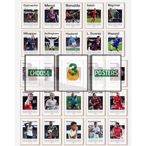 Ronaldo Messi Neymar Mbappe Kane Bellingham Haaland Lamine Yamal Kane Benzema and Posters of Football Legends. Choose 3 out of 45 posters