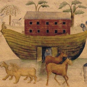 May include: A folk art painting depicting a large wooden ark with a red house structure on top. The scene features various animals including lions and horses in the foreground, with trees and a zebra in the background. A figure stands in the doorway.