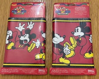 Borde de papel tapiz clásico de Mickey Mouse en rojo y negro, de los años 90, de Mickey's Stuff for Kids, nuevo sin usar.
