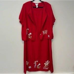 Jasmine by KVM 90s Kokopelli 2Pc Red Maxi Dress Set 1X Wearable Art Linen Blend