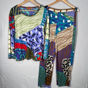 Missoni zijden jersey patchwork gebreide top broekset levendig eind jaren 80 VTG 46/12–14
