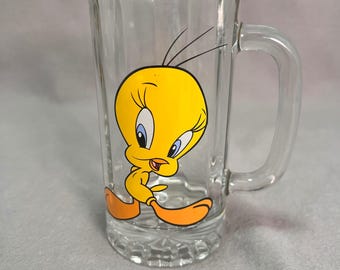 Vintage 1998 Tweety Bird Glass Mug Stein WB Heavy Clear Retro 90s Kid Nostalgia
