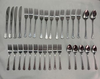 Estia Rosette 33 pc Replacement Flatware Long Stem Rose Beaded Trim Discontinued