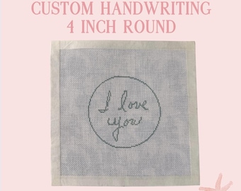 May include: A square canvas with a 4-inch round design. The design features the handwritten phrase "I love you" inside a circle. The text "CUSTOM HANDWRITING" is above the design.