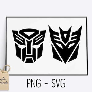 May include: Black and white silhouette of the Autobot and Decepticon logos from the Transformers franchise. The logos are set against a white background. PNG - SVG.