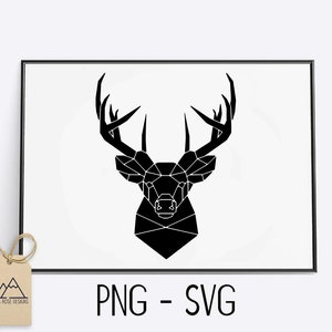 May include: Black and white geometric deer head silhouette with antlers.  PNG - SVG.