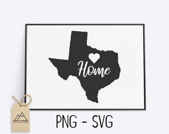May include: Black and white graphic design featuring the outline of the state of Texas with a white heart and the word "Home" written in a cursive font.