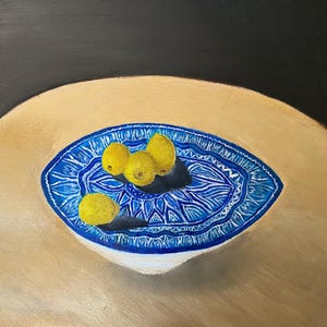 Peinture « panier de citron » faites main sur carton entoilé et signée.