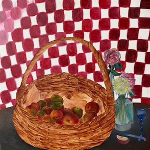 peinture « panier de pommes » sur carton entoilé, faite main et signée.