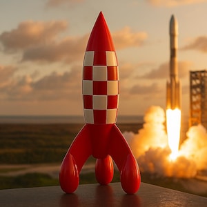 Handmade Red & White Rocket Figurine – Resin  Lemon Wood Space Decor 21cm