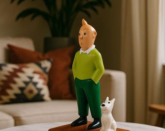 Tintin and Snowy Wooden Figurine | Handmade Mixed Wood & Resin Sculpture | Vintage Comic Art Collectible