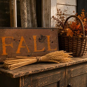Puede incluir: Un letrero rectangular de madera marrón con la palabra FALL pintada en letras naranjas. Un manojo de tallos de trigo secos atados con cuerda descansa frente al letrero, junto a una cesta de mimbre marrón oscuro llena de hojas de otoño.