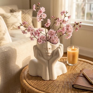 Peut inclure: Un vase blanc en céramique en forme de visage contenant des branches de fleurs de cerisier roses. Le vase est posé sur une table ronde en osier, à côté d'une bougie allumée et d'un journal en cuir avec un stylo.