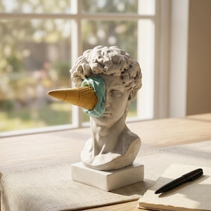 May include: A grey bust of David with an ice cream cone in place of the right eye. The cone is brown and yellow, held by a teal cloth. The sculpture sits on a rectangular base, with a pen and notebook in the foreground.