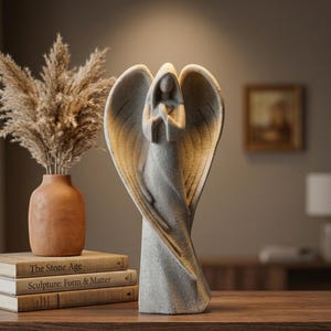 Moderne minimalistische Engelsstatue – Handgefertigte Schutzengelfigur in Steinoptik