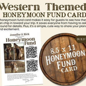 Peut inclure: Carte de cagnotte de lune de miel sur le thème Western avec le texte "Honeymoon Fund" et les dimensions 21,6 x 27,9 cm. La carte comprend des photos, des codes QR pour le paiement et les noms Jennifer & Rick.