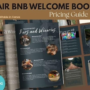 May include: An open AirBnB Welcome Book with the title "Pricing Guide" and the text "Bars and Wineries" and "Places for kids". The book has a dark teal background with white text and circular images. The Canva logo is visible.