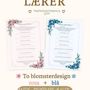 Takkehilsen til lærer – Rosa og blå refleksjonskort – Utskrivbare PDF-filer