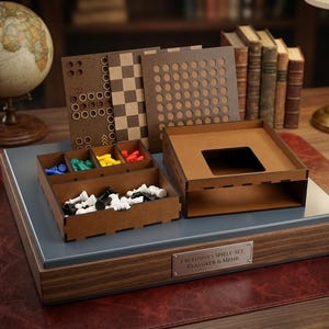 May include: A wooden game set featuring a base with a metal plaque reading EXCLUSIVES SPIELE-SET KLASSIKER & MEHR. It includes a storage tray with blue, green, yellow, and red game pieces, black and white chess pieces, and upright game boards.