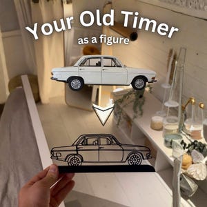 Op de afbeelding: Een wit oldtimer-model en een zwarte omtrekfiguur van dezelfde auto. De tekst "Your Old Timer as a figure" wordt boven het automodel weergegeven. Het automodel is wit met zwarte banden.