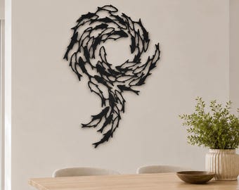 Metal Fish Wall Art Decor, Family of Fish Wall Sign, Flock Fish Silhouette Nautical Marine Interior Piece Sea Inspired Home Office Decor ,