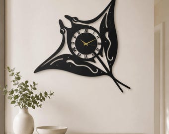Manta Ray Wall Clock Metal Ocean Art Beach House Decor Scuba Diver Gift Stingray Sign Nautical Coastal Home Sea Life Animal Silhouette
