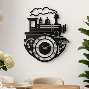 May include: A black metal wall clock shaped like a steam locomotive train. The clock face features Roman numerals and thin gold-colored hands. The design includes a silhouette of a train engine with smoke billowing from the top stack.
