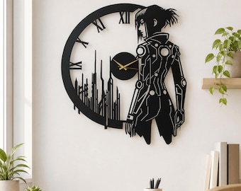 Cyberpunk Anime Girl Wall Clock, Futuristic Cyborg Woman Clock, Cyber City Skyline Decor, Manga Wall Art, Gamer Room Gift ,