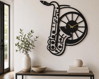 Jazz Saxophone Wall Clock, Music Room Decor, Sax Clock, Music Themed Wall Clock, Jazz Musician Gift, Instrument Wall Art ,