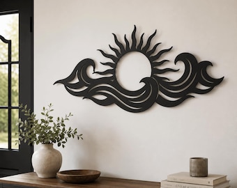 Sun and Ocean Metal Wall Art, Coastal Sunset Decor, Beach House Sunrise & Wave Sculpture, Boho Nautical Outdoor Wall Decor ,