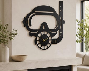 Scuba Diving Wall Clock Metal Diver Mask Art Snorkel Sign Beach House Decor Ocean Lover Gift Dive Master Present Nautical Room Marine Life