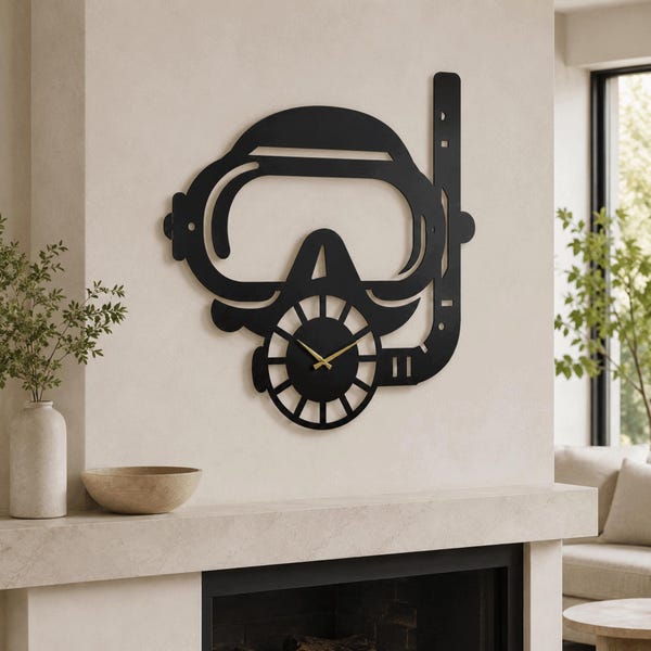 Scuba Diving Wall Clock Metal Diver Mask Art Snorkel Sign Beach House Decor Ocean Lover Gift Dive Master Present Nautical Room Marine Life