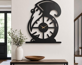 Woodland Gnome Wall Decor, SILENT Silhouette Clock, Whimsical Mushroom Nursery Clock, Unique Black Gnome Gift ,