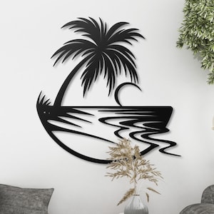 Palm Tree Metal Wall Art, Coastal Wall Decor for Beach House, Tropical Ocean Sunset Sign, Outdoor Patio Art, Nautical Bathroom Decor