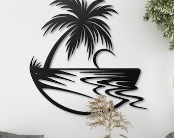 May include: Black metal wall art depicting a tropical scene. A palm tree silhouette is centered above stylized water and a setting sun. The artwork is mounted on a white wall, creating a striking contrast.