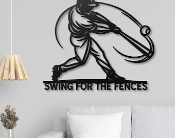 May include: Black metal wall art depicting a baseball player swinging a bat. The phrase "SWING FOR THE FENCES" is below the player. The art is mounted on a light gray wall.