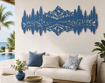 Metal Lake House Wall Art : Rustic Mountain Forest Scene Decor