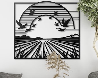 Metal Farmhouse Landscape Wall Art: Rustic Country Sunset Scenery Decor