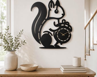 Cute Squirrel Holding an Acorn Wall Clock, Woodland Nursery Decor, Forest Animal Clock, Kids Room Decor, Nature Lover Gift ,