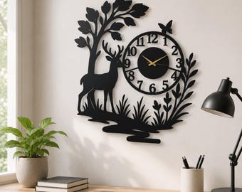 Forest Deer Wall Clock, Woodland Nature Decor, Rustic Cabin Wall Art, Wildlife Clock, Tree and Butterfly Wall Clock, Nature Lover Gift ,