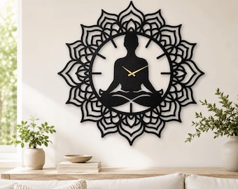 Yoga Wall Clock Metal Meditation Art, Lotus Pose Zen Decor Spiritual Gift Chakra Sign Namaste Pilates Room Mandala Interior Wellness Present