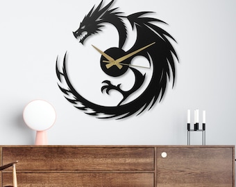 Dragon Wall Clock Metal Art Fantasy Home Decor Mythical Creature Silhouette Medieval Style Gamer Room Gift for Him