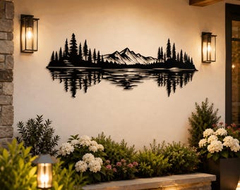 Metal Lake House Wall Art : Rustic Mountain Forest Scene Decor