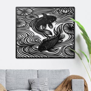 Koi Fish Metal Wall Art | Japanese Zen Garden Decor | Yin Yang Wall Hanging | Lotus Flower Art for Yoga Studio | Feng Shui & Japandi Style