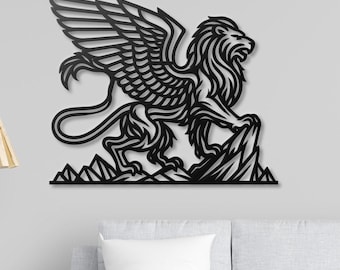 Arte de parede em metal com grifo: Grifo heráldico, arte de parede de fantasia mítica.