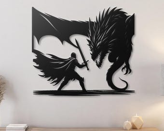 Arte de parede em metal: Dragão vs. Cavaleiro: Arte de parede de fantasia medieval